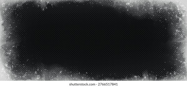Frozen ice frame with frosty patterns and winter texture on transparent background. Frost crystal border with snowflake effects and glacial structure. Natural cold window glass overlay design.
