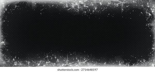 Frozen ice frame isolated on transparent background. Vector realistic illustration of winter frost border for holiday card or Christmas party banner decoration, frosty snowflakes pattern overlay