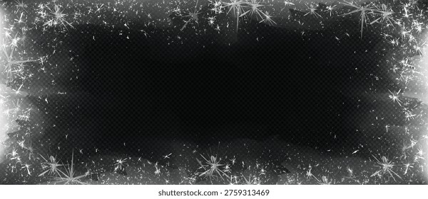 Frozen ice frame isolated on transparent background. Vector realistic illustration of winter frost border for holiday card or Christmas party banner decoration, frosty snowflakes pattern overlay