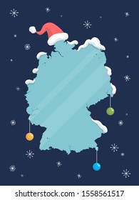 Frozen ice map of theGermany decorated with Christmas ornaments and Santa Claus hat with winter snowflakes in background vector illustration in vintage cartoon style