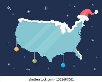 Frozen ice map of the United States of America decorated with Christmas ornaments and Santa Claus hat with winter snowflakes in background vector illustration in vintage cartoon style