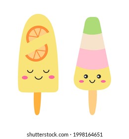 Pollos congelados sobre fondo blanco. Helado. Caras divertidas de sonrisa. Estilo de caricatura kawaii. Ilustración vectorial plana.