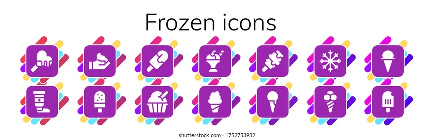 frozen icon set. 14 filled frozen icons.  Simple modern icons such as: Ice cream, Cream, Popsicle, Snowflake