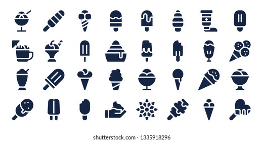 frozen icon set. 32 filled frozen icons. on blue background style Simple modern icons about  - Ice cream, Milkshake, Popsicle, Frozen, Cream, Snowflake, Sundae