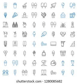 frozen icons set. Collection of frozen with popsicle, ice cream, cream, snowing, whipped cream, sorbet, milkshake, frozen yogurt, ice cream cone. Editable and scalable frozen icons.