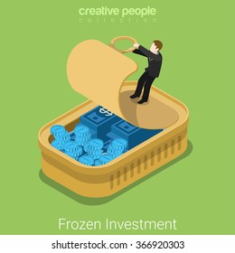 Frozen investments assets flat 3d isometry isometric financial market business concept web vector illustration. Businessman opens can icy freeze coins dollar notes money. Creative people collection.
