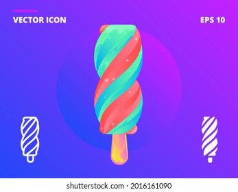 Frozen Juice Ice cream twisted cone. Big gradient vector detailed teaser of fruit popsicles and two flat line vector ice-cream icons. Summer trendy themed set.