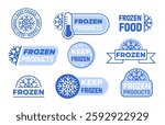 Frozen labels set. Thermometers, snowflakes and text. Tags for products. Stamp for packaging. Logistics and transportation, shipping. Flat vector collection isolated on white background