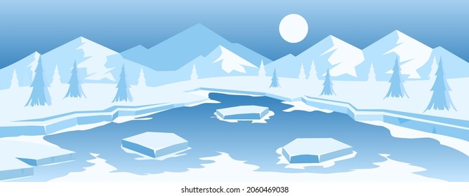 Frozen lake in mountains. Winter background. Vector illustration