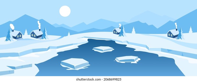 Frozen lake in mountains. Winter background. Vector illustration