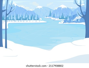 Lago congelado para patinar rodeado de montañas de color plano ilustración vectorial. Retiro de invierno. El tiempo frío. Disfrutando de nevadas frescas. Un paisaje de dibujos animados simples en 2D con montañas sobre fondo