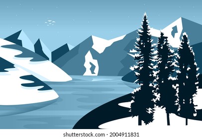 Frozen Lake Winter Ice Mountain Pine Nature Landscape Illustration