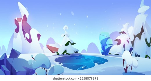 Frozen lake in the winter season. Vector, drawing, lake in winter in the middle of the forest on a clearing, surrounded by bushes and fir trees. Beautiful winter landscape cartoon