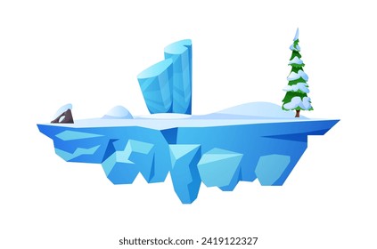 Frozen level platform with spruce in snow flat style, vector illustration isolated on white background. Decorative design element for online games, floating land