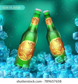 Frozen light beer bottles with ice cubes. Product vector retail background. Illustration of beer in cold ice banner and poster