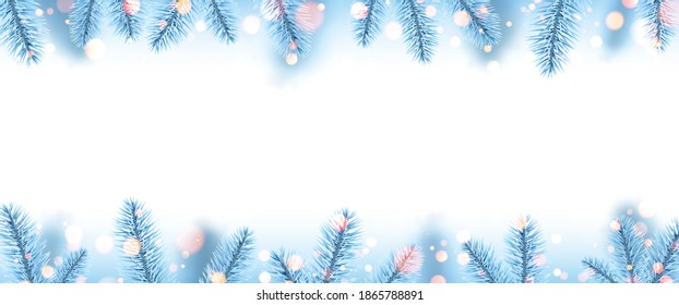 Frozen light blue spruce branches with bokeh lights. Winter christmas decoration for cards, flyers, banners, posters. Vector illustration.