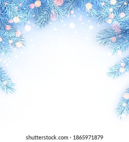 Frozen light blue spruce branches with sparkle lights. Winter christmas decoration for cards, flyers, banners, posters. Vector illustration.