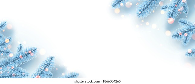 Ramas de abeto azul claro congeladas con luces de bokeh. Decoración de navidad de invierno para tarjetas, volantes, carteles, afiches. Ilustración vectorial.