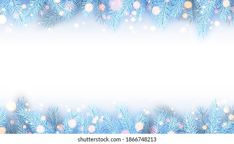 Frozen light blue spruce branches with sparkle lights. Winter christmas decoration for cards, flyers, banners, posters. Vector illustration.