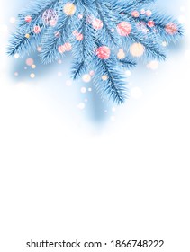 Fichtenzweige mit Bokeh-Beleuchtung gefroren. Winterweihnachtsdekoration für Karten, Flyer, Banner, Plakate. Vektorgrafik.