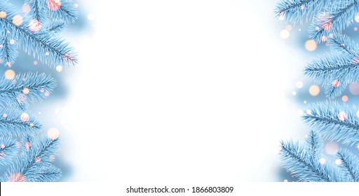 Frozen light blue spruce branches with bokeh lights. Winter christmas decoration for cards, flyers, banners, posters. Vector illustration.