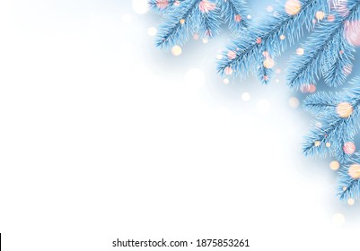 Frozen light blue spruce branches with bokeh lights. Winter christmas decoration for cards, flyers, banners, posters. Vector illustration.