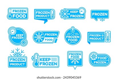 Frozen logo icons, cold product label and badge. Isolated vector set of blue stickers, feature snowflakes or frost and thermometer symbols. Elements for packages or frosty food preservation items