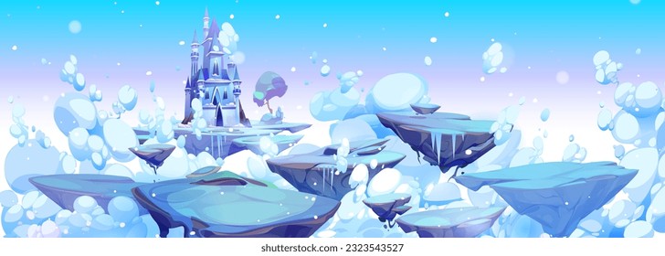 Frozen magic princess castle with snow in winter cartoon background. Beautiful white fantasy ice palace for cloudy fairytale landscape. Enchanted floating rock island path in sky air with nobody.