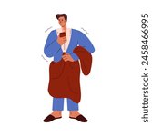 Frozen man with hot drink cup in hand wrapped in blanket vector flat illustration. Cartoon male character with flu sickness, feeling unwell chills and weak. Healthcare, home treatment
