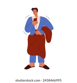 Frozen man with hot drink cup in hand wrapped in blanket vector flat illustration. Cartoon male character with flu sickness, feeling unwell chills and weak. Healthcare, home treatment