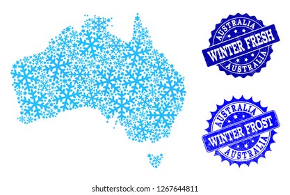Frozen map of Australia and scratched stamp seals in blue colors with Winter Fresh and Winter Frost captions. Mosaic map of Australia is composed with frozen water items.