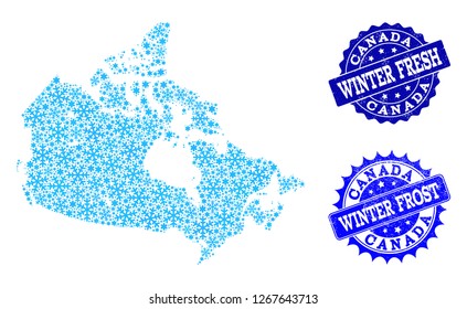 Frozen map of Canada and rubber stamp seals in blue colors with Winter Fresh and Winter Frost texts. Mosaic map of Canada is created with frozen water items.