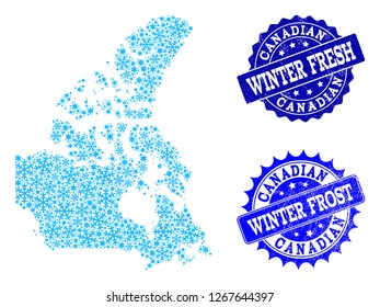 Frozen map of Canada and rubber stamp seals in blue colors with Winter Fresh and Winter Frost titles. Mosaic map of Canada is created with snowflakes.
