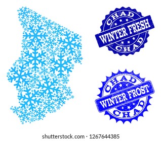 Frozen map of Chad and grunge stamp seals in blue colors with Winter Fresh and Winter Frost captions. Mosaic map of Chad is created with frozen water items.