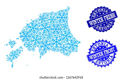 Frozen map of Estonia and grunge stamp seals in blue colors with Winter Fresh and Winter Frost texts. Mosaic map of Estonia is composed with ice elements.