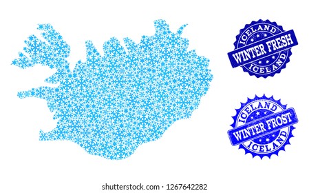 Frozen map of Iceland and distress stamp seals in blue colors with Winter Fresh and Winter Frost texts. Mosaic map of Iceland is designed with frozen water items.