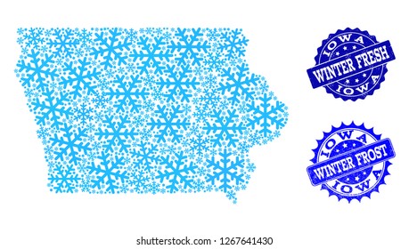 Frozen map of Iowa State and distress stamp seals in blue colors with Winter Fresh and Winter Frost titles. Mosaic map of Iowa State is formed with frozen water items.