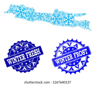Frozen map of Java Island and distress stamp seals in blue colors with Winter Fresh and Winter Frost texts. Mosaic map of Java Island is formed with frozen water items.
