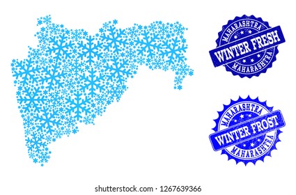 Frozen map of Maharashtra State and distress stamp seals in blue colors with Winter Fresh and Winter Frost texts. Mosaic map of Maharashtra State is composed with ice elements.