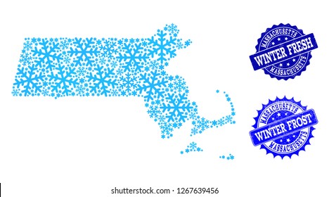 Frozen map of Massachusetts State and scratched stamp seals in blue colors with Winter Fresh and Winter Frost texts. Mosaic map of Massachusetts State is designed with frozen water items.