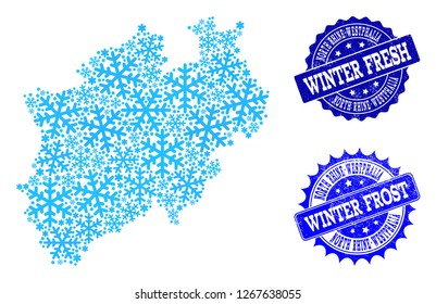Frozen map of North Rhine-Westphalia State and distress stamp seals in blue colors with Winter Fresh and Winter Frost titles.