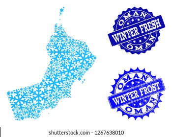 Frozen map of Oman and scratched stamp seals in blue colors with Winter Fresh and Winter Frost texts. Mosaic map of Oman is formed with ice elements.