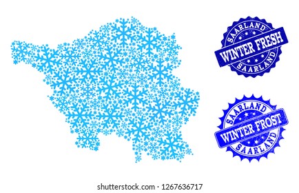 Frozen map of Saarland State and grunge stamp seals in blue colors with Winter Fresh and Winter Frost captions. Mosaic map of Saarland State is designed with ice elements.