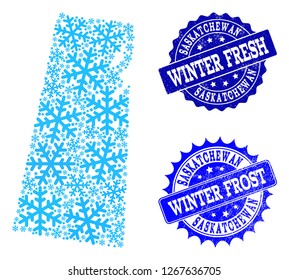 Frozen map of Saskatchewan Province and grunge stamp seals in blue colors with Winter Fresh and Winter Frost titles. Mosaic map of Saskatchewan Province is formed with frozen water items.