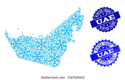 Frozen map of United Arab Emirates and grunge stamp seals in blue colors with Winter Fresh and Winter Frost texts. Mosaic map of United Arab Emirates is created with frozen water items.