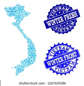 Frozen map of Vietnam and scratched stamp seals in blue colors with Winter Fresh and Winter Frost captions. Mosaic map of Vietnam is designed with ice elements.