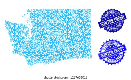 Frozen map of Washington State and distress stamp seals in blue colors with Winter Fresh and Winter Frost texts. Mosaic map of Washington State is composed with frozen water items.