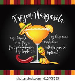 Frozen Margarita ingredients with lemon wedge, tiny maracas, sombrero and chili pepper. On a blackboard with Mexican striped border. EPS 10 vector.