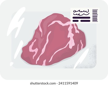 Frozen meat illustration with label and barcode. Packaged raw steak, grocery shopping. Fresh food product vector illustration.