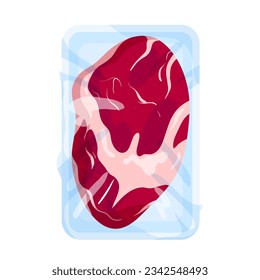 Frozen meat package vector illustration. Cartoon isolated supermarket plastic tray with piece of beef tenderloin with streaks of fat, market or butchers shop food product pack with meat for cooking